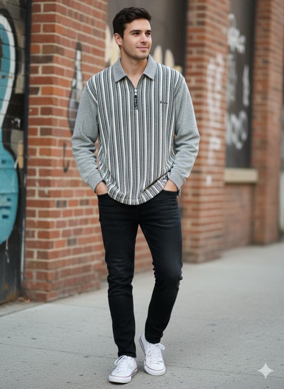 Paco Men's Long Sleeve1/4 Zip Polo Retro Inspired  striped Terry textured  Sz-M
